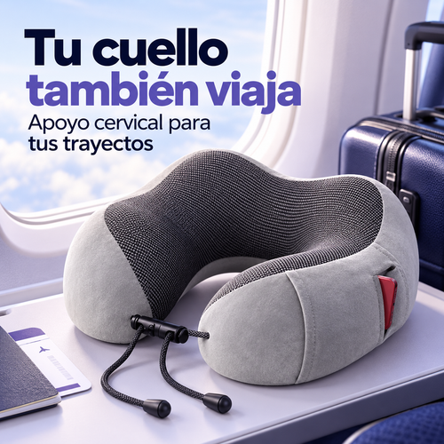 Almohada cervical Cerviva gris en un asiento junto a la ventana de avión