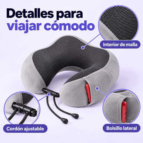 Detalles de la almohada Cerviva: interior de malla, cordón ajustable y bolsillo lateral