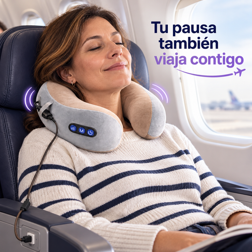 Cojín cervical vibratorio Cerviva usado durante un viaje en avión